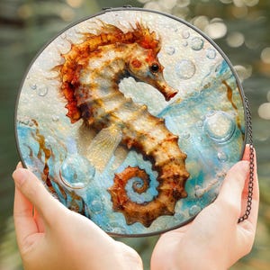 Seahorse Stained Glass Suncatcher | Ocean Marine Window Art Sun Catcher | Coastal Sea Life Gift for Beach Lovers