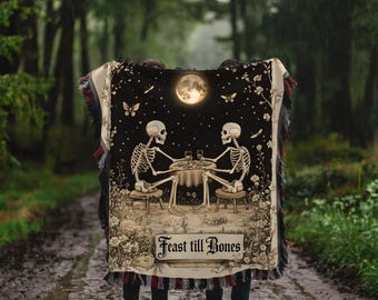 Feast Till Bones Skeleton Woven Blanket, Gothic Cottagecore Throw, Funny Skeleton Gift, Dark Romance Tapestry, Spooky Home Decor Gift