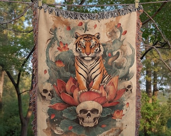 Manta Tecida com Caveira de Tigre, Manta Gótica, Presente para Amantes de Tigres, Tapeçaria Dark Academia, Decoração de Casa com Caveiras, Manta com Estampa de Bruxa