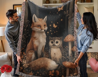 Woodland Fox Owl Woven Blanket, Cottagecore Throw Blanket, Enchanted Forest Gift, Mushroom Tapestry, Fantasy Nature Blanket, Fox Lover Gift