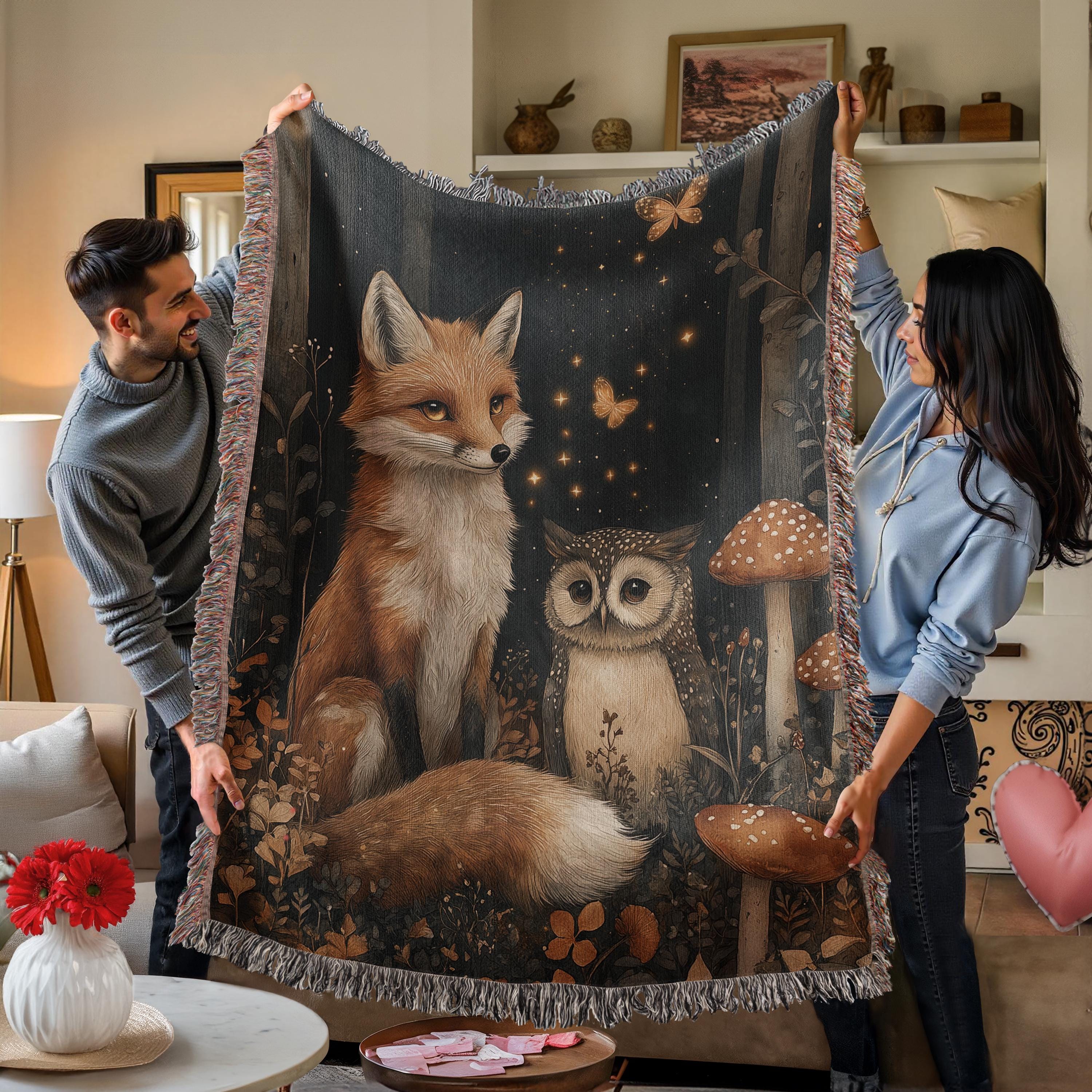 Woodland Fox Owl Woven Blanket, Cottagecore Throw Blanket, Enchanted Forest Gift, Mushroom Tapestry,