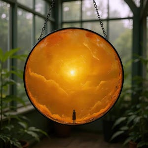 Golden Sun Stained Glass Suncatcher: Woman Silhouette Celestial Decor