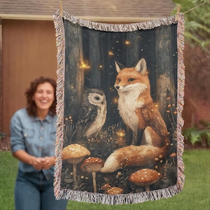 Fox and Owl Woven Blanket, Cottagecore Throw Blanket, Woodland Animal Gift, Mushroom Forest Tapestry, Nature Lover Gift, Fox Lover Gift