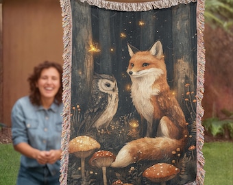 Fox and Owl Woven Blanket, Cottagecore Throw Blanket, Woodland Animal Gift, Mushroom Forest Tapestry, Nature Lover Gift, Fox Lover Gift