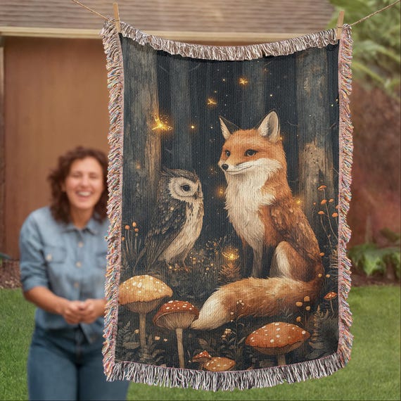 Fox and Owl Woven Blanket, Cottagecore Throw Blanket, Woodland Animal Gift, Mushroom Forest Tapestry, Nature Lover Gift, Fox Lover Gift