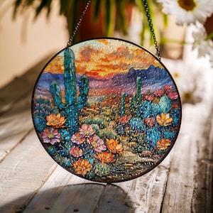 Desert Sunrise Cactus Suncatcher | Stained Glass Window Hanging | Boho Southwestern Decor | Colorful Sun Catcher | Desert Bloom Gift