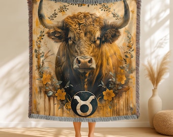 Taurus Zodiac Woven Blanket, Taurus Gift, Astrology Throw Blanket, Bull Sign Cotton Tapestry, May Birthday Gift, Zodiac Wall Hanging