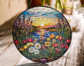 Attrape-soleil coucher de soleil en vitrail : fleurs sauvages à accrocher à la main