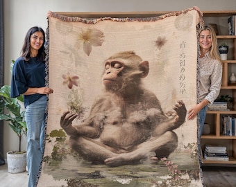 Meditierender Affe Gewebte Decke, Affe Liebhaber Geschenk, Zen Decke, Japanische Kunst Tapisserie, Boho Spirituelles Dekor, Yoga Raum Geschenk