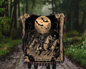 Ride Eternal Skeleton Horsemen Woven Blanket, Gothic Folk Horror Throw, Dark Cottagecore, Witchy Halloween Blanket, Skeleton Gift