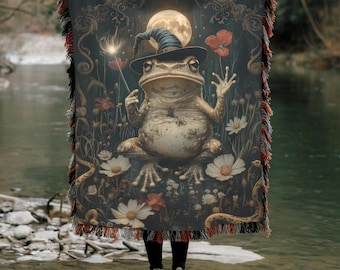 Manta tejida de rana bruja, divertida manta estilo cottagecore, regalo para amantes de las ranas, decoración para el hogar con temática de brujas, tapiz de Halloween con sapo, regalo de manta estilo goblincore