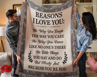 Reasons I Love You Woven Blanket, Romantic Couples Throw, Anniversary Gift, Valentine Gift for Wife Husband, Love Quote Blanket,Couples Gift