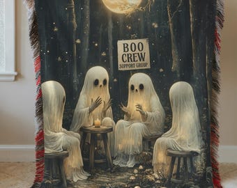 Boo Crew Ghost Woven Blanket, Funny Halloween Throw, Spooky Ghost Gift, Gothic Cottagecore Tapestry, Dark Humor Gift, Halloween Decor
