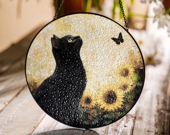 Black Cat and Sunflowers Stained Glass Suncatcher: Window Decor