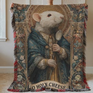 Funny Medieval Tapestry, O Holy Cheese Rat Woven Blanket, Rat Lover Gift, Gothic Parody Throw, Dark Humor Gift, Weird Art Blanket