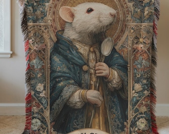 Lustiger mittelalterlicher Wandteppich, O Holy Käse Ratte Gewebte Decke, Ratten Liebhaber Geschenk, Gothic Parodie Werfen, Schwarzer Humor Geschenk, Seltsame Kunst Decke