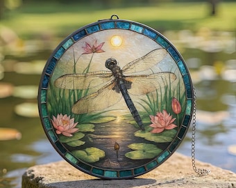 Dragonfly Suncatcher: Stained Glass Lotus Pond Window Hanging