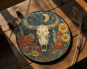 Longhorn Skull Suncatcher: Stained Glass Mandala, Boho Western Decor