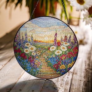 Stained Glass Wildflower Path Suncatcher – Handmade Round Window Hanging, Nature-Inspired Art - Perfect Gift for Father&#39;s Day