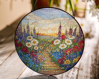Attrape-soleil fleurs sauvages en vitrail fait main : oeuvre d'art pour fenêtre inspirée de la nature
