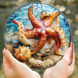 Starfish Stained Glass Suncatcher | Coastal Beach Window Art Sun Catcher | Seashell Ocean Decor Gift
