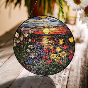 Stained Glass Sunset and Meadow Suncatcher – Handmade Round Window Hanging, Vibrant Wildflower Decor -Perfect Gift for Father&#39;s Day