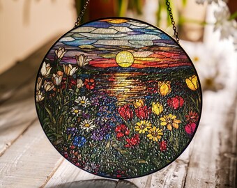 Attrape-soleil coucher de soleil en vitrail fait main : tenture de fenêtre prairie de fleurs sauvages