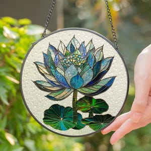 Acchiappasole in vetro colorato a forma di loto – Decorazione rotonda da appendere alla finestra, acchiappasole a forma di fiore di loto fatto a mano