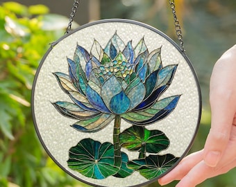 Stained Glass Lotus Suncatcher – Round Hanging Window Decoration, Handmade Lotus Flower Sun Catcher