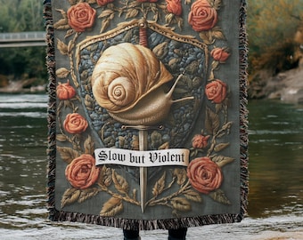 Slow But Violent Snail Woven Blanket, Funny Medieval Tapestry, Meme Throw Blanket, Quirky Gothic Gift, Snarky Home Decor, Gamer Gift