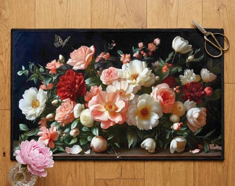 Peony Doormat | Dark Floral Welcome Mat | Dutch Masters Still Life Rug | Moody Flower Decor | Elegant Front Door Mat | Floral Art Gift