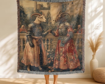 Manta tejida con pareja de cabras medievales, regalo divertido de animales, tapiz cottagecore, manta decorativa de fantasía, decoración original para el hogar, regalo para amantes de las cabras