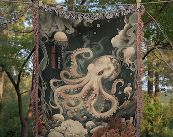 May include: A tapestry depicting a detailed illustration of an octopus with its tentacles extended, surrounded by jellyfish and coral. The background is a dark green with swirling smoke-like patterns. The text "深海奇观" is visible in the top left corner.
