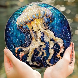 Jellyfish Stained Glass Suncatcher | Ethereal Ocean Window Decor | Coastal Sea Life Gift Sun Catcher