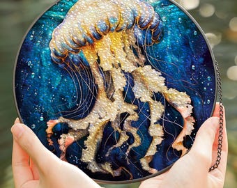 Kwallen glas-in-lood zonnevanger | Etherische oceaan raamdecoratie | Coastal Sea Life cadeau Sun Catcher