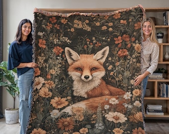 Floral Fox Woven Blanket, Fox Lover Gift, Cottagecore Throw Blanket, Woodland Floral Tapestry, Nature Lover Gift, Fox Wall Hanging