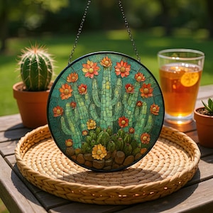 Cactus Suncatcher | Stained Glass Window Hanging | Desert Bloom Sun Catcher | Southwestern Boho Decor | Succulent Garden Gift