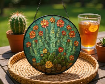 Stained Glass Cactus Suncatcher: Southwestern Desert Decor