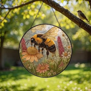 Stained Glass Bee Suncatcher: Wildflower Garden Window Hanging