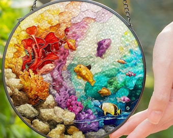 Coral Reef Stained Glass Suncatcher: Tropical Fish Window Hanging