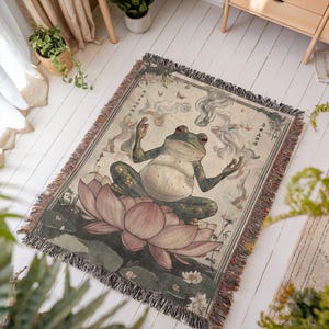 Zen Frog Lotus Woven Blanket, Frog Lover Gift, Japanese Art Throw Blanket, Meditation Room Decor, Cottagecore Tapestry, Yoga Decor Gift