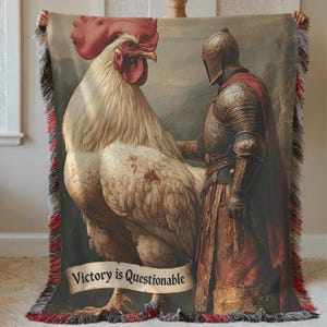 Funny Medieval Woven Blanket - Knight and Giant Chicken Throw Gift for Gamers, Fantasy Fans, Meme Lovers, and Unique Home Decor