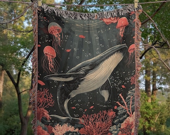 Japanese Whale Woven Blanket, Humpback Whale Gift, Dark Ocean Home Decor, Jellyfish Coral Throw, Whale Wall Hanging,Ocean Lover Gift Blanket