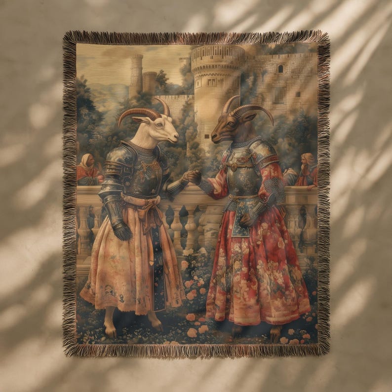 Woven blanket showing two goats in medieval armor and gowns on a castle terrace, surrounded by flowers and historical fantasy scenery
