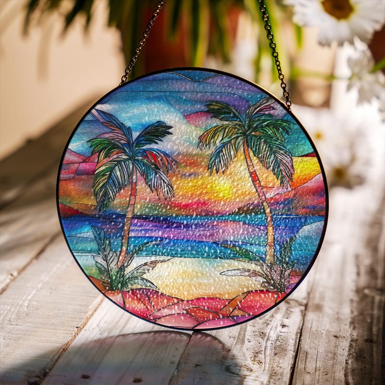 Tropical Palm Tree Stained Glass Suncatcher: Beach Sunset Window ...