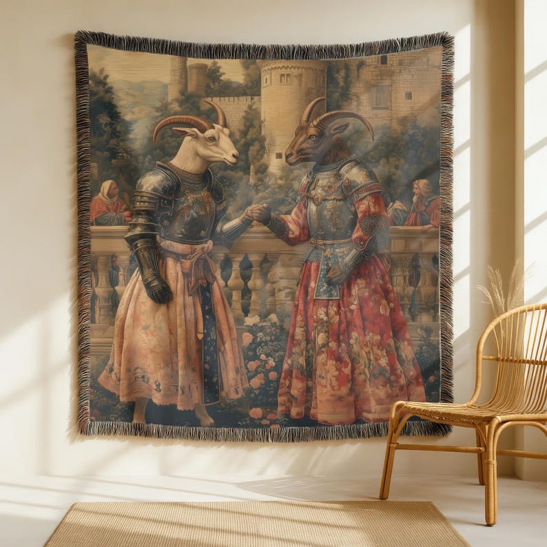Woven blanket showing two goats in medieval armor and gowns on a castle terrace, surrounded by flowers and historical fantasy scenery