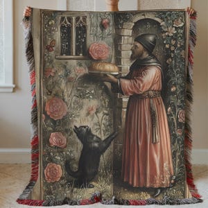 Woven Cat and Bread Blanket: Medieval Tapestry Throw, Cottagecore Decor