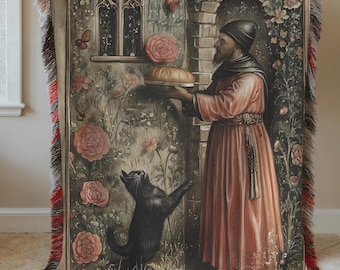 Medieval Cat Woven Blanket, Black Cat Cottagecore Throw, Cat Lover Gift, Dark Academia Tapestry, Fantasy Blanket, Whimsical Cat Decor