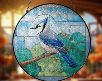 Blue Jay Stained Glass Suncatcher: Handcrafted Window Art