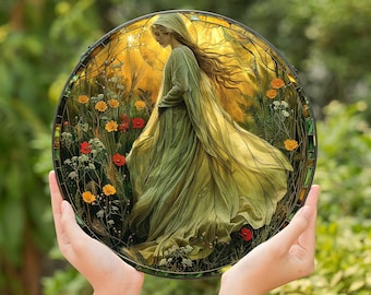 Virgo Stained Glass Suncatcher: Earth Goddess Window Art